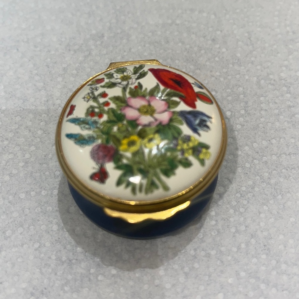 Vintage Bilston and Battersea Enamel Pot. Summer Flowers & Butterflies